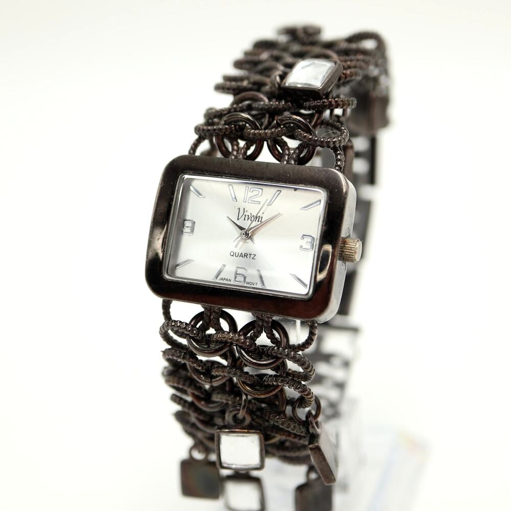 Vivani Womens Black Tone Chain Gem Charm Bracelet Watch 29mm w New Battery